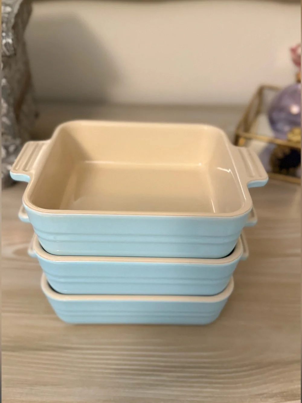 Le Creuset Sky Blue Stackable 8 inch Baking Dishes with Handles - Set of 3